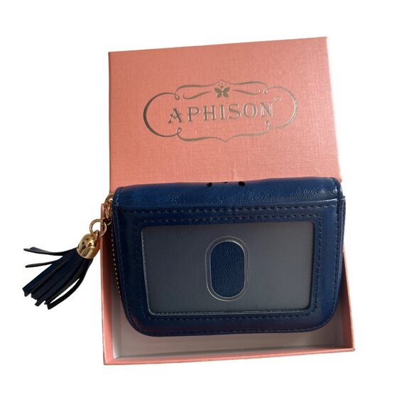 Aphison RFID-Blocking Card Holder Wallet Tassel Zipper Closure Navy Blue - Picture 3 of 8
